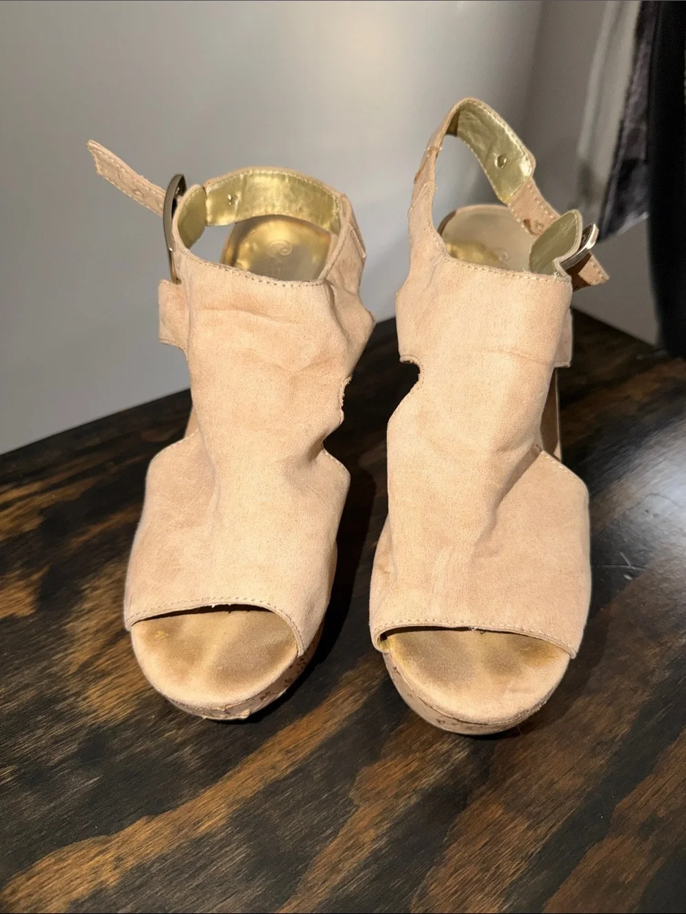 Carlos Santana Blush Suede Cork Wedge Sandals